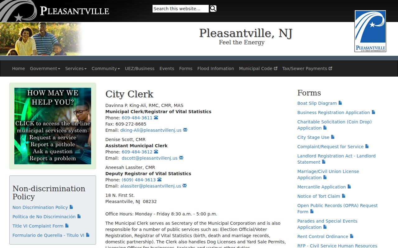 Pleasantville neighbors information from the Pleasantville City Clerk and registrar
